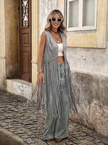 Brillora Studded Detail Fringe Hem Vest Coat In Fall/Winter - Grey - View 4