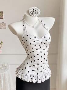 Comfortcana Women's Sweet Polka Dot Print Ruffle Hem Halter Top - White - View 8
