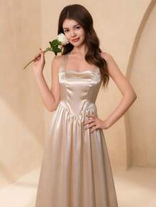 Teen Girl Solid Color Pleated Elegant Party Dress - Champagne - View 1