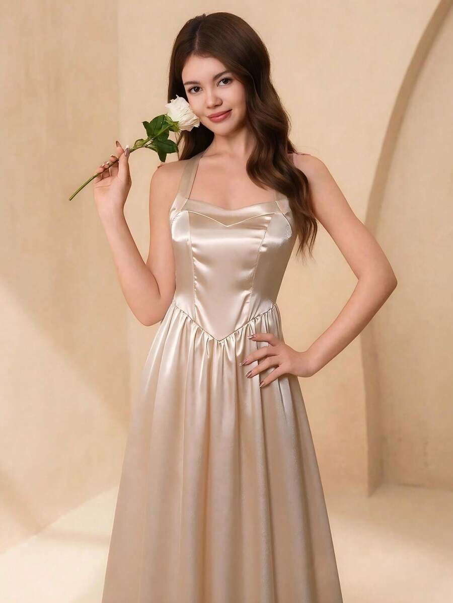Teen Girl Solid Color Pleated Elegant Party Dress - Champagne - View 1
