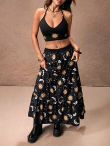 ROMWE PETITE Star & Moon Black Sleeveless Crop Top And Ruffle Hem Skirt 2-Piece Set For Women - Black - View 5