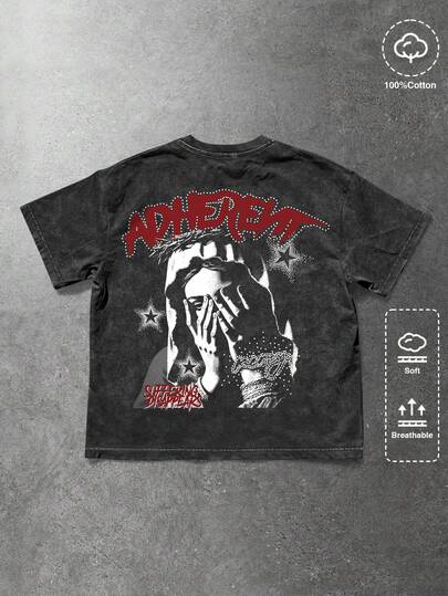 ROMWE MEN Street Life T-shirt col rond vintage délavé à l'acide pour homme, style de la rue. Convient pour un port casual au quotidien, printemps/été