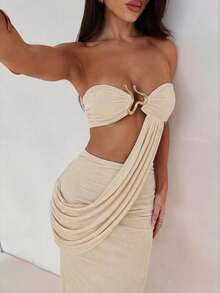 Aloruh Women's Solid Color Metal Decor Ruched Sexy Party Dress Summer Summer Outfits Summer Clothes Beach Outfits For Woman  Beach Vacation Vacation Outfits Woman Boho  Tropical Vacation Woman Clothe - Apricot - View 6