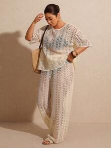 Elaquor 大码女式镂空罩衫套装，度假装 - 杏色 - 查看 5