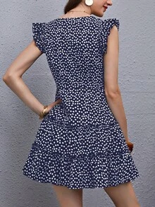 SHEIN Clasi 女士休闲碎花荷叶边连衣裙，夏季 - 藏蓝色 - 查看 2