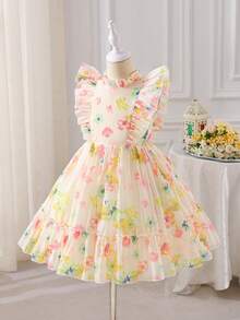 Glamorique Kids 女童优雅碎花荷叶边无袖连衣裙，公主裙，适合花童、派对、旅行、演出，四季皆宜 - 杏色 - 查看 4