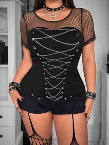 SHEIN Whyspr Plus Size Dark Goth Style Mesh Patchwork Chain Strap Fitted T-Shirt - Black - View 3