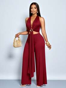 SOLERSUN Bộ jumpsuit nữ màu đỏ tía thanh lịch không tay, cổ chữ V sâu, khoét eo, thắt lưng kim loại xếp nếp, ống rộng, thích hợp cho buổi tối/tiệc tùng/hẹn hò. - Màu Đỏ Sâu - Xem 3