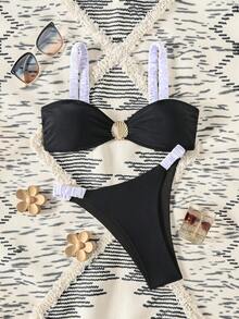 Bonvoyette Black & White Contrast Color Bikini Set, Shoulder Strap Pleated Front With Metal Back Accessory - Black and White - View 2