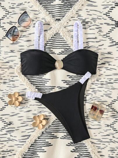 Swim Chiccia Black & White Contrast Color Bikini Set, Shoulder Strap Pleated Front With Metal Back Accessory