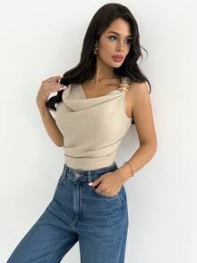 Firerie 女士不对称领口垂褶褶皱腰身衬衫，性感优雅的OL连体衣，肩部饰有金属纽扣，时尚，通勤，优雅，性感，度假，海滩，夏威夷，垂褶领口，夏季休闲外套 - 杏色 - 查看 4