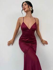 Firerie Elegant Sophisticated Romantic Dignified Elegant Banquet Festival Ball Valentine's Day Date Wedding Guest Birthday Party Holiday V-Neck Criss-Cross Backless Textured Chiffon Bodycon Burgundy Mermaid Maxi Dress - Burgundy - View 7