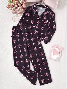 Genkimix Kids School Girl Pajamas Set For Tween GirlsBlack With Cherry & Heart Print Long Pants And Cardigan, Long Sleeve Casual 2-Piece Loungewear - Black - View 6