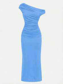SHEIN Đầm maxi dệt kim ôm sát eo, kiểu dáng thanh lịch, bất đối xứng, vai xếp ly, dành cho bé gái tuổi teen, thích hợp cho tiệc Halloween, trang phục đi học, tụ họp, đi chơi, màu xanh dương. - Màu xanh lam - Xem 2