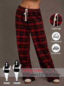 SHEIN PETITE CURVE بنطلون نسائي بخصر مربوط بسحاب، طباعة مربعات، قطعة ملائمة للارتداء اليومي والذهاب إلى المدرسة والخروج، بقصة فضفاضة وساق واسعة، مناسب للربيع والأنشطة اليومية - عنابي اللون - مشاهدة 1