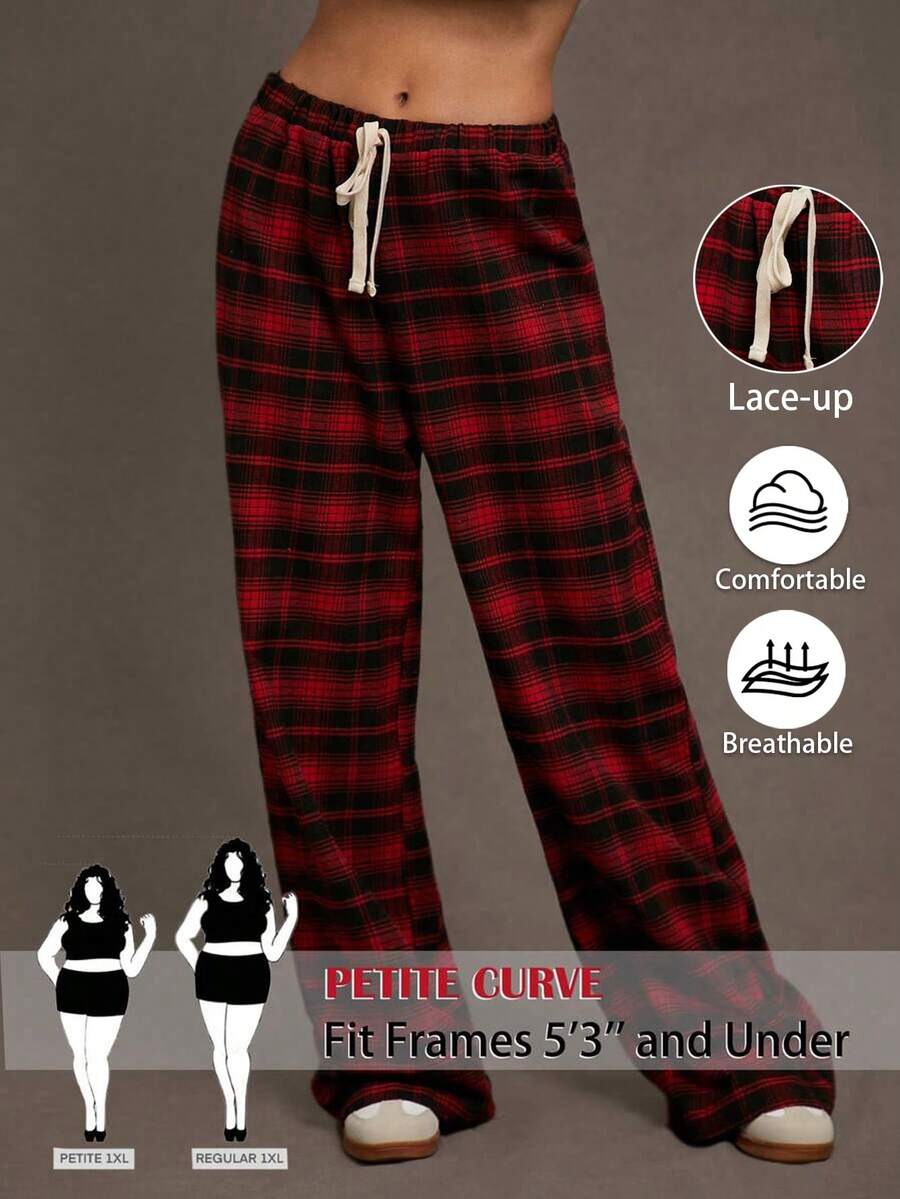 SHEIN PETITE CURVE بنطلون نسائي بخصر مربوط بسحاب، طباعة مربعات، قطعة ملائمة للارتداء اليومي والذهاب إلى المدرسة والخروج، بقصة فضفاضة وساق واسعة، مناسب للربيع والأنشطة اليومية - عنابي اللون - مشاهدة 1