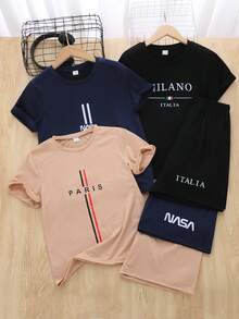 SHEIN Vacaura 6件套男童休闲字母印花多色T恤套装，面料柔软，简约风格，适合日常、上学、运动等场合。 - 彩色 - 查看 3