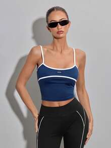 SHEIN ICON Áo camisole nữ dáng ôm, in chữ, dáng ngắn. - Xanh và trắng - Xem 4