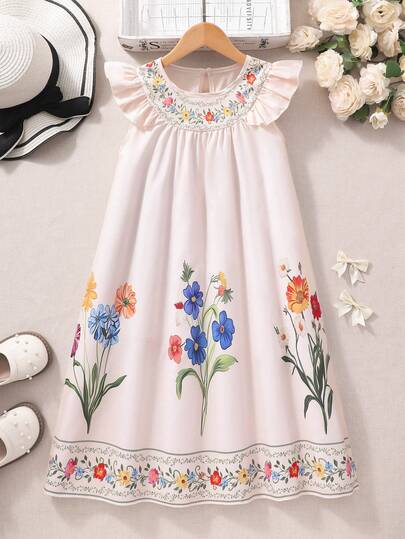 Tween GirlsCasual Vacation White Floral Print Bow Strap Dress, Summer Outfits, White Dresses, Fashionable Design Versatile Suitable For Holiday, Travel, Campus, Daily Wear