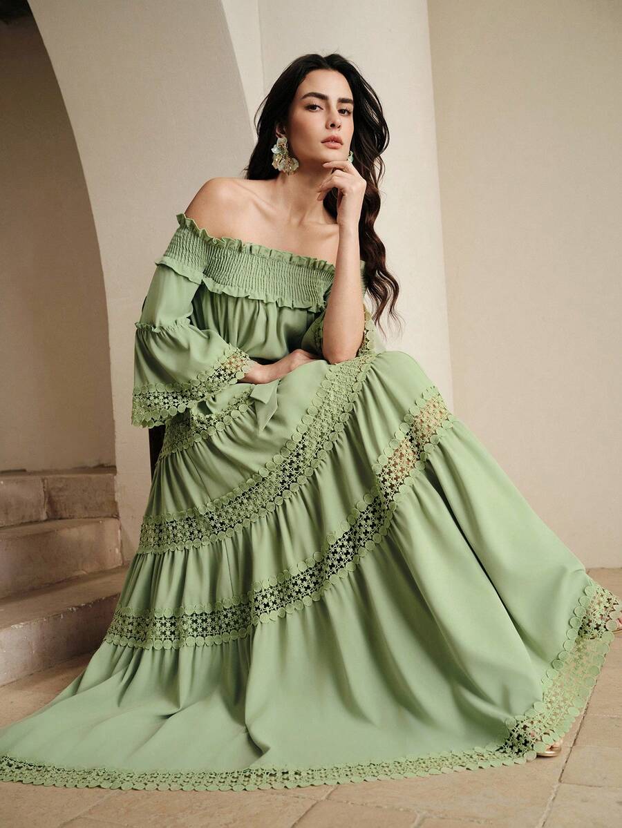 Anewsta 女士露肩花卉刺绣收腰优雅连衣裙 - 綠色 - 查看 1