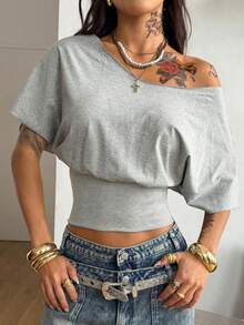 Coolane 女士春冬外出街头风复古基础款收腰弹力舒适棉质露肩灰色T恤 - 灰色 - 查看 5