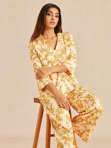LUVLETTE Tropicoqueta Luxury Lounge Sleepwear Elegant Yellow & Gold Floral Pajama Set - Soft Satin Long-Sleeve Top & Pants With Trim Luxury Lounge Sleepwear - Yellow - View 8
