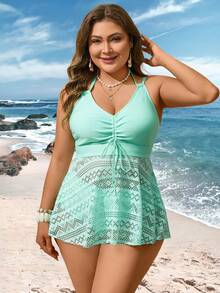 Swim Lushoire Plus Size Mint Green Crochet Tankini, Women V-Neck Ruched Separate Swimwear Set - Green - View 6
