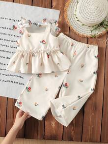 SHEIN LMoss Kids 女婴夏季可爱黄色条纹吊带背心和松紧腰裤套装 - 杏色 - 查看 6