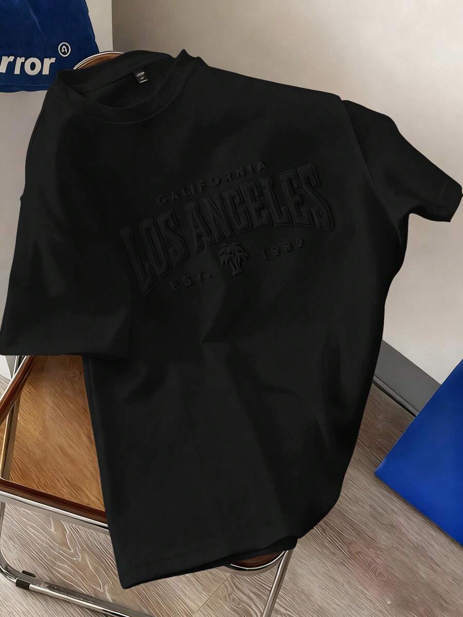 Manfinity Joysei Letter Print Crew Neck Solid Color Knit Short Sleeve T-Shirt - Black - View 1