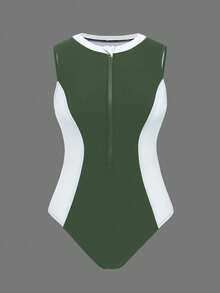Swim SPRTY Women's Contrast Color Patchwork Round Neck Sleeveless Zipper Decor One-Piece Swimsuit, Suitable For Beach & Holiday - Green - View 6
