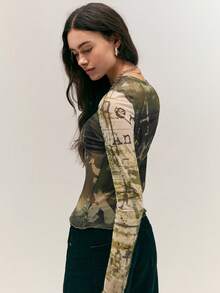 Easelle Green Mesh Sheer Fitted Crew Neck Long Sleeve Top For Women Summer Spring Festival  Going Out Camouflage Graphic Tees Women - Army Green - View 2