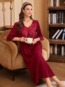 SHEIN Women's Retro Luxury Nightgown Dress, Embroidered Beaded Butterfly Collar, Long Loose Half Sleeve Ruffle Hem, Comfortable Spring/Summer - Burgundy - View 5