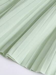 SHEIN 1pc Girls Elegant Ruffled Hem Zipper Back Collared Short Sleeve Splice Pleated Flared Waist Fitted Light Green Dress, Casual Everyday Wear & Party - Green - View 6