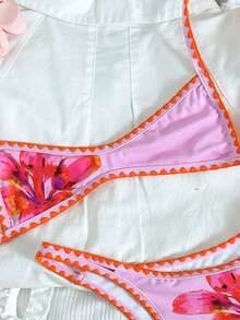 Swim Mod Women's Cream Yellow & Pink Floral Crochet Shell Trim Micro Bikini Set, Spring/Summer - Multicolor - View 4