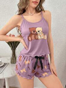 SHEIN Set de pijama de 2 piezas con camiseta de tirantes y pantalones cortos con estampado de oso - Multicolor - Ver 5