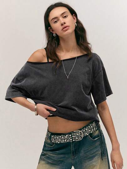Easelle Vintage Casual Asymmetric Shoulder Loose Distressed Women T-Shirt