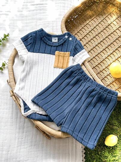 Vintaside Kids 2pcs Newborn Baby Boy Outfit, Soft & Comfortable Romper & Shorts Set, Countryside Style Color Blocking, Fashionable Casual Wear For Spring & Summer