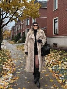 FLORETTA ÉLENA 长款仿毛领大衣，秋冬人造毛皮夹克 - 米色 - 查看 7