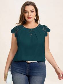 Chikora Áo sơ mi nữ cỡ lớn thêu ren phối nhiều mảnh, phong cách công sở thường ngày. - Màu xanh lá cây đậm - Xem 4