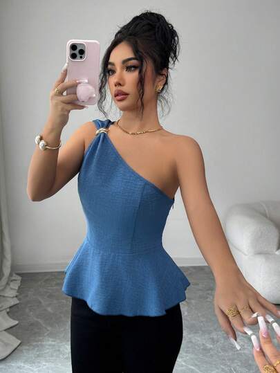 Elenzga Women's Elegant Blue Asymmetrical Shoulder Metal Decor Button Design Sleeveless Fitted Flared Blouse, Spring/Summer