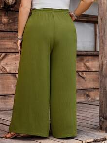 SHEIN CURVE+ Curve 尺码 US22 音乐节、海滨度假、波西米亚风女士黑色口袋抽绳腰带休闲宽松阔腿裤碎花裤，女士秋季服装 - 軍綠色 - 查看 2