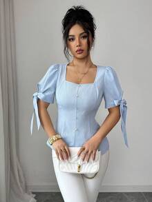 Elenzga Women's Elegant Commuter Square Neck Jacquard Short Sleeve Blouse, Summer - Blue - View 4