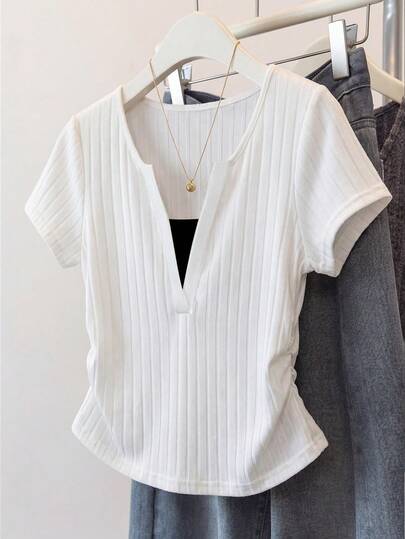 Franclia 大码V领罗纹短袖T恤，春夏款