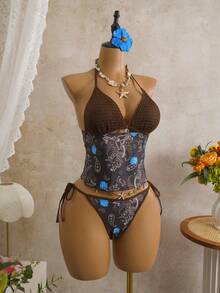 Bellisia 2026新款春夏女士两件套泳衣和短裤，随机印花，沙滩度假优雅休闲泳装套装 - 彩色 - 查看 3