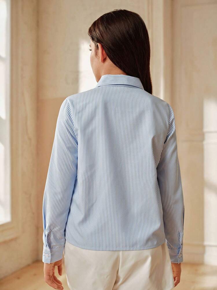 Spring New Girls & Tween GirlsLong Sleeve Striped Embroidered Casual Blue Shirt