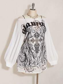 SHEIN ICON Vestido mini de malla transparente con estampado retro punk Y2K, abertura ancha y abierta, talla grande, otoño - Blanco y Negro - Ver 7