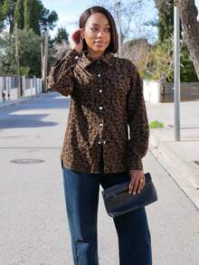 Yess Loren 女式秋季豹纹纽扣前领长袖宽松外套，休闲日常穿着 - 棕色 - 查看 3