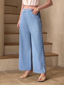 Selenza Women's Asymmetric Waist Pocket Wide Leg Loose Denim Pants - Blue - View 1