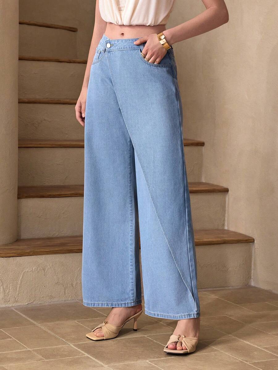 Selenza Women's Asymmetric Waist Pocket Wide Leg Loose Denim Pants - Blue - View 1