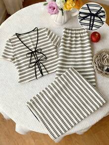 SHEIN PETITE 女士优雅杏色和黑色条纹V领蝴蝶结腰带短袖修身上衣 + 女士优雅杏色和黑色条纹修身长裤，春夏款 - 彩色 - 查看 3